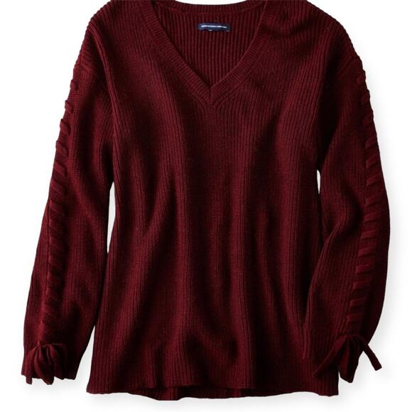 American Eagle Outfitters Maroon V Neck Ribbed Knit Sweater Cozycore Size Small - Picture 2 of 9